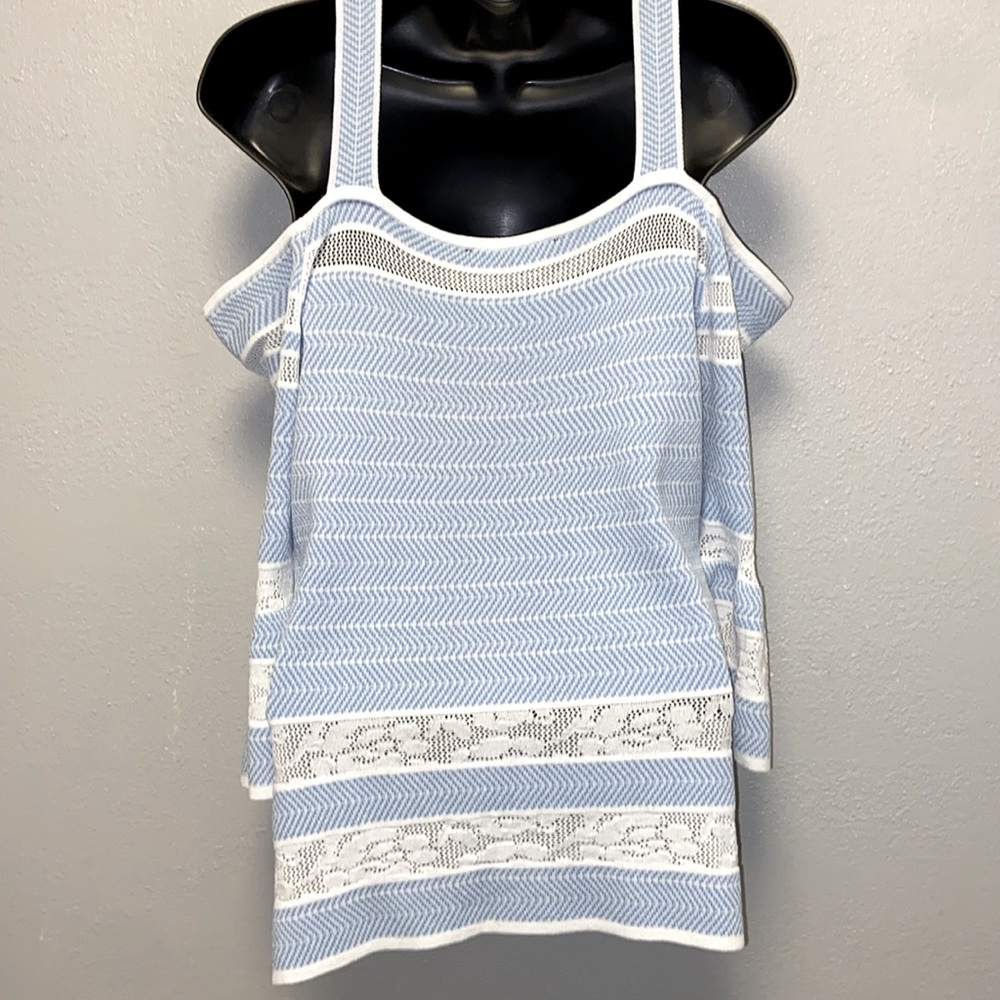 Boston Proper Off -the-Shoulder Blue  & White Bell Sleeves Knit Sweater: 3495 - Picture 6 of 9